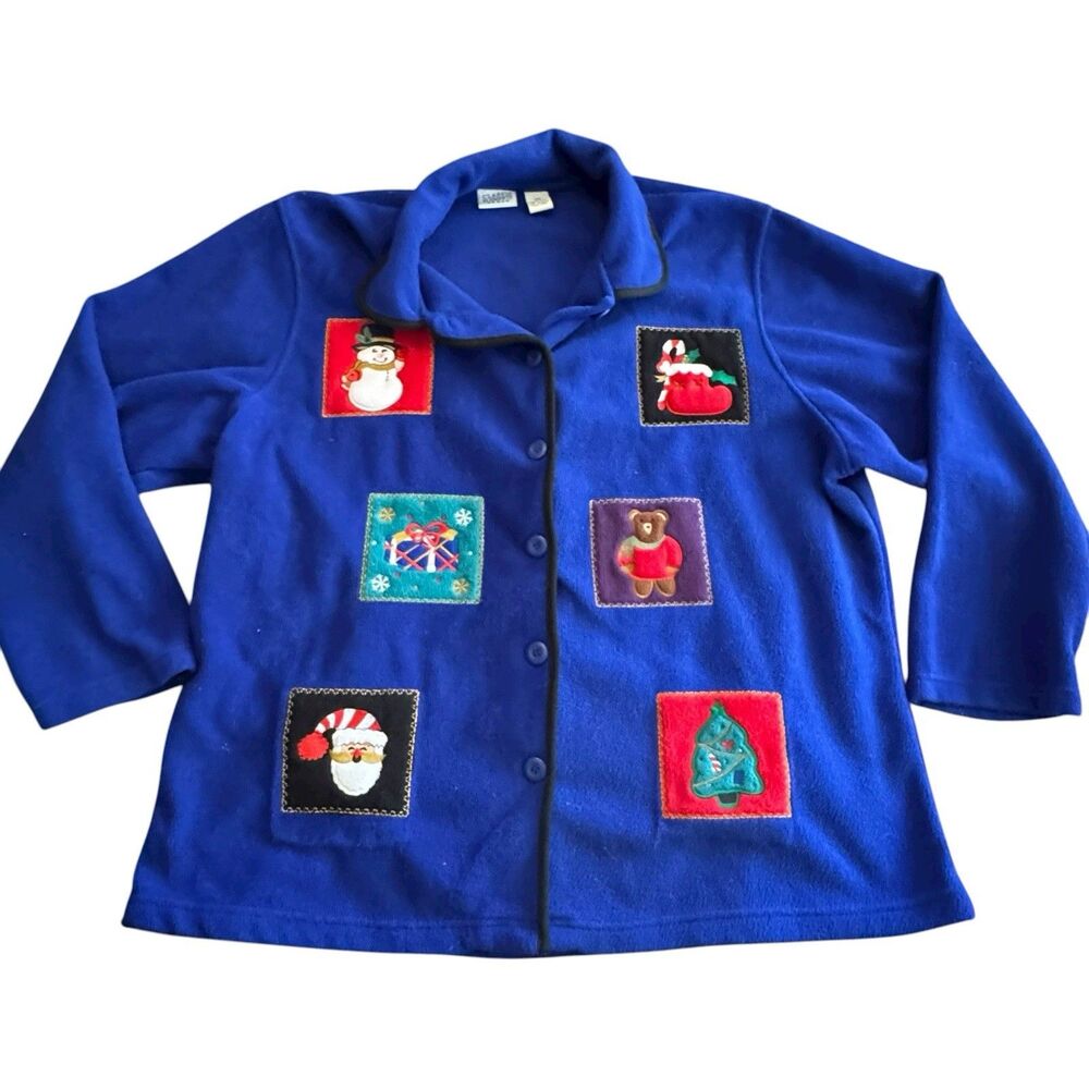Classic Elements‎ Woman size 2X royal blue appliquéd button front holiday fleece